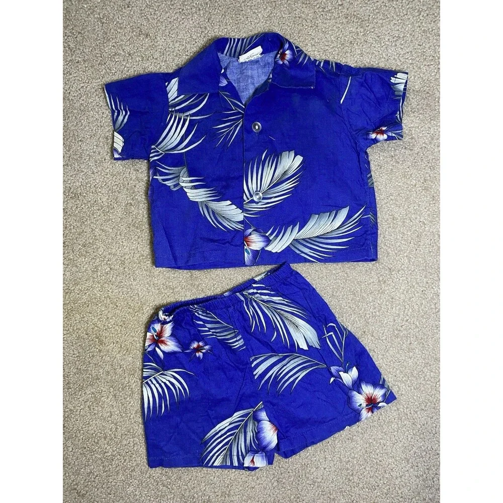 Vintage Nikky Hawaii Kids Blue Tropical Floral Shirt Shorts Set Size 12 Months